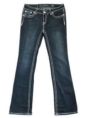 Y2K “LA Idol USA” Dark Wash Mid Rise Bootcut Style Rhinestone Jeans